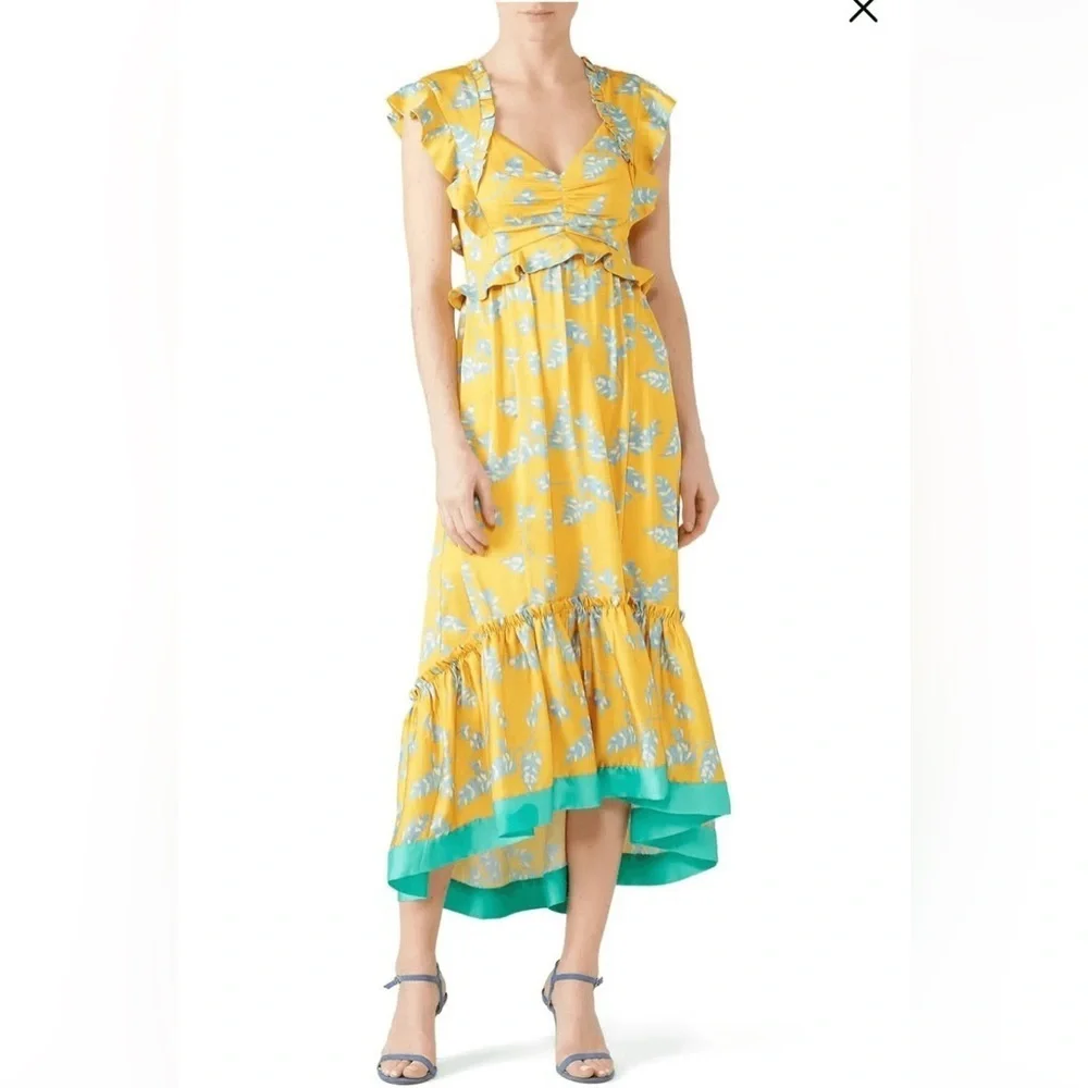 Three Floor Lemonana Dress Yellow Aqua Print
Ruffle Flutter Sleeve Midi - Picture 16 of 16